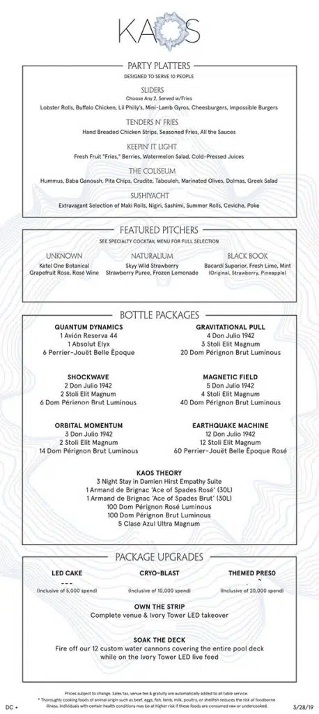 Kaos Dayclub Bottle Menu